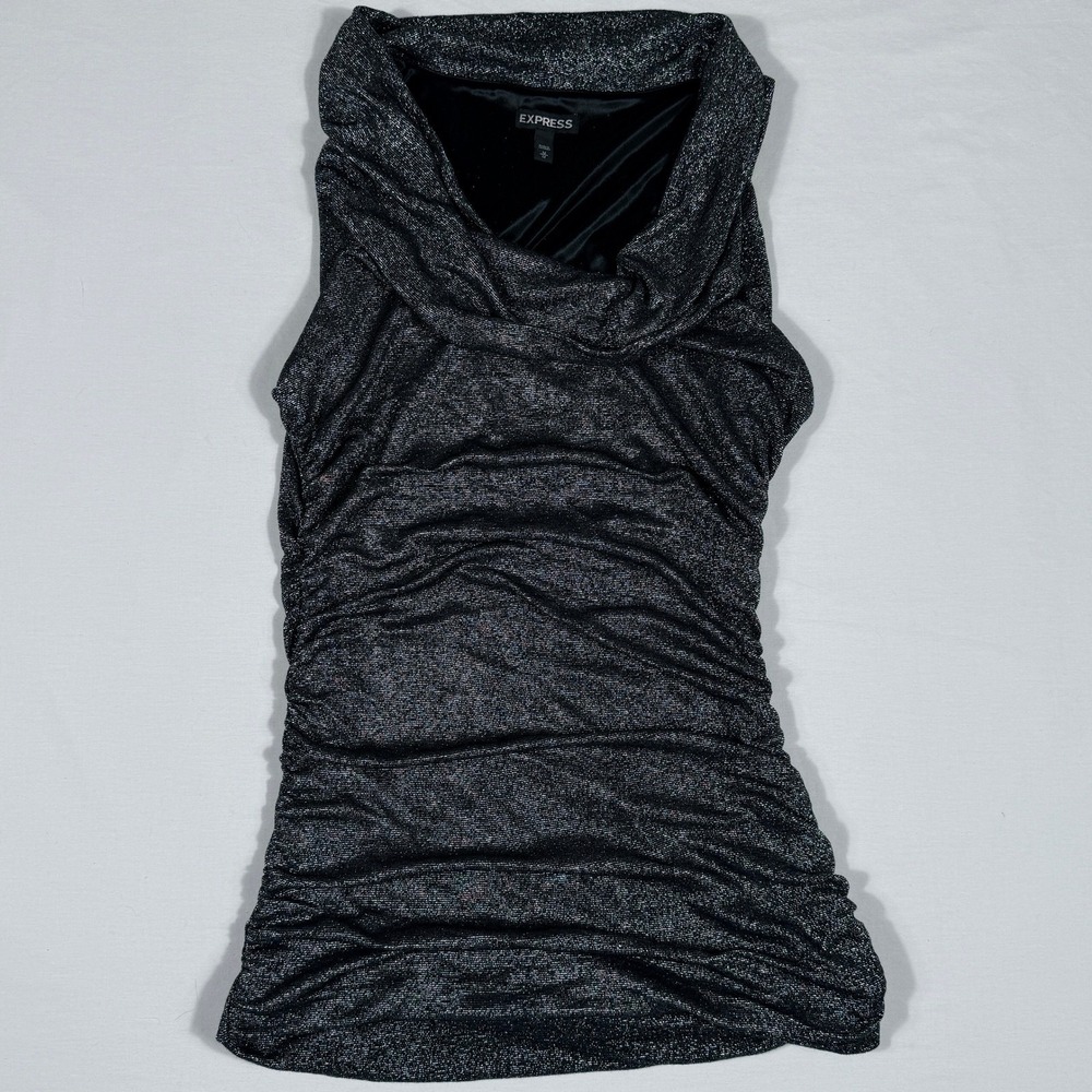 Express Metallic Silver Charcoal Cowl Ruched Sleeveless Club Whimsigoth Med Top - Picture 2 of 13